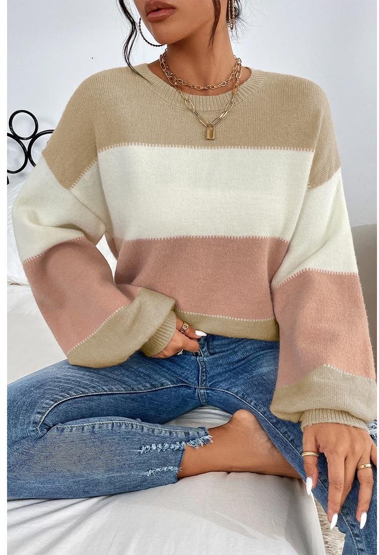 Thumbnail - Azura Exchange Damen Gestreifter Strickpullover Oversized Casual Langarm PinkBeigeWeiß