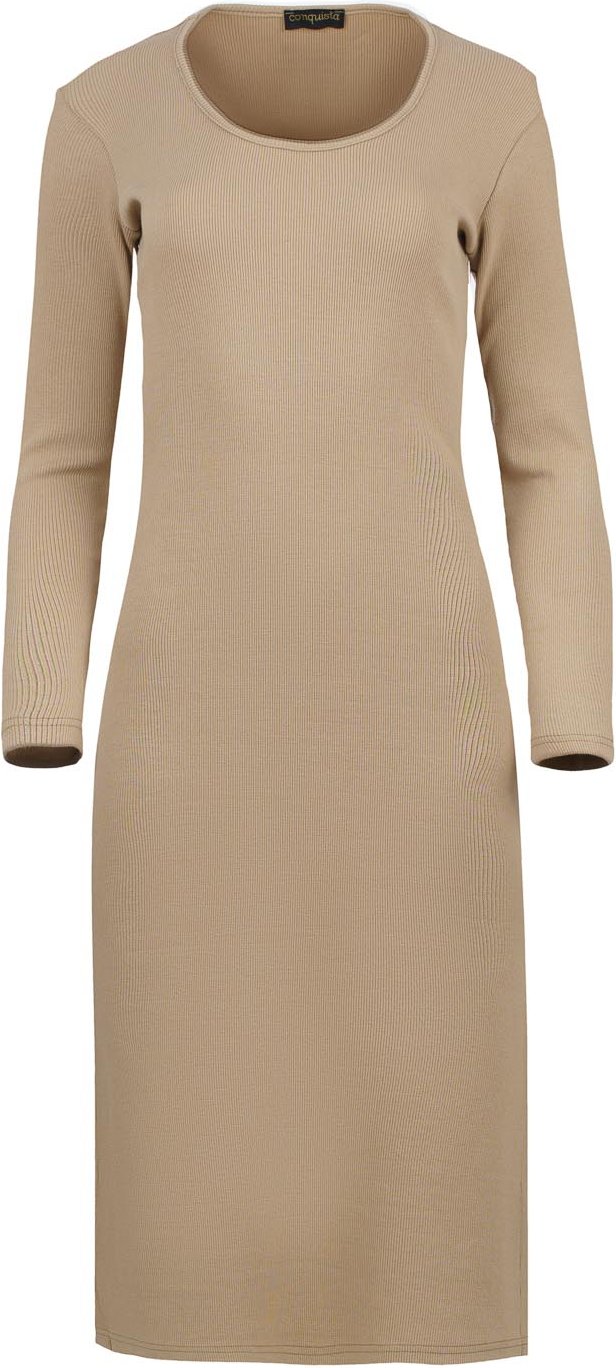 Langärmliges Midikleid mit Rundhalsausschnitt aus gerippter Baumwoll-Elastan-Mischung in Beige