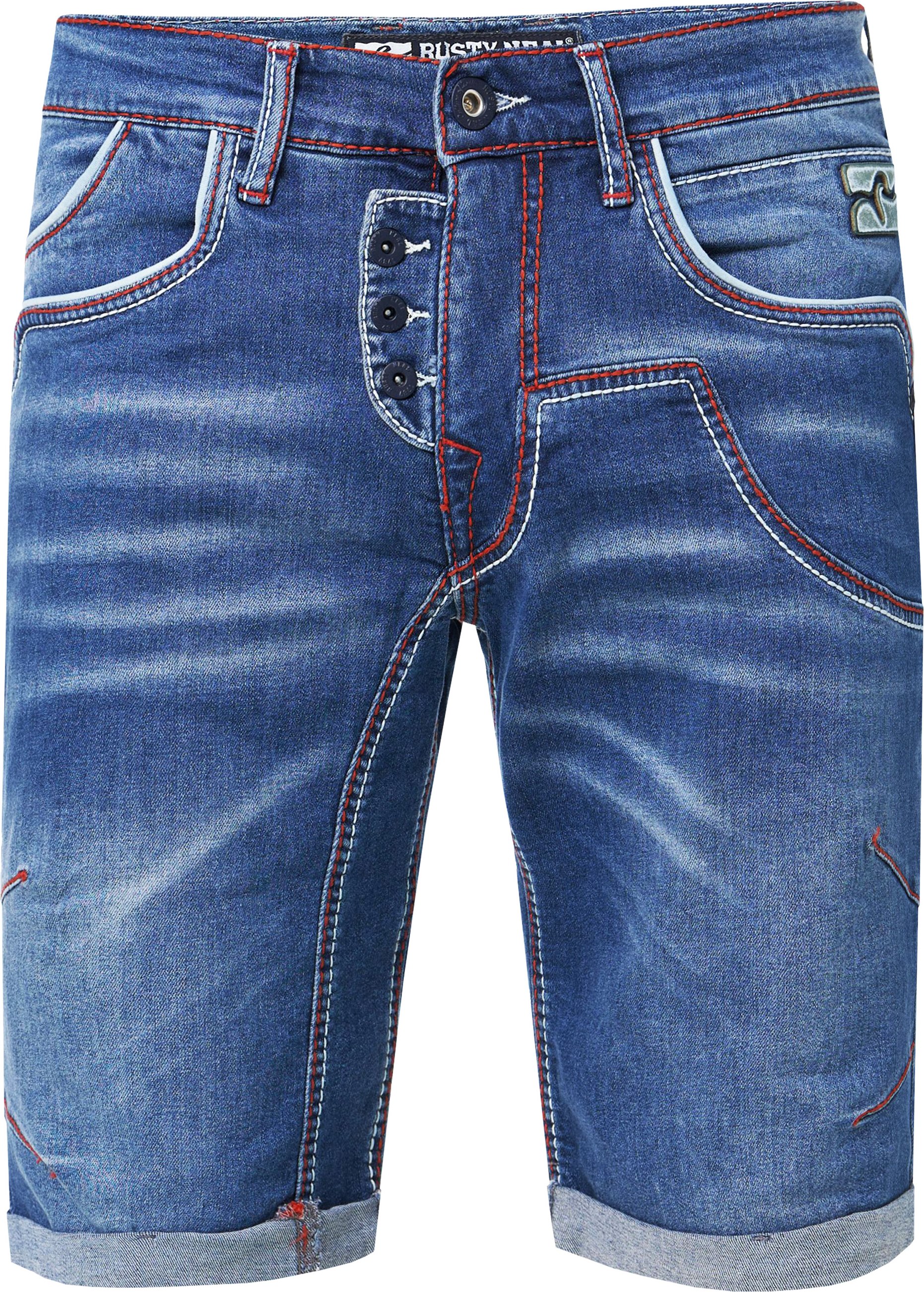 Jeans Shorts "RUBEN" mit Kontrast-Naht und offener Knopfleiste