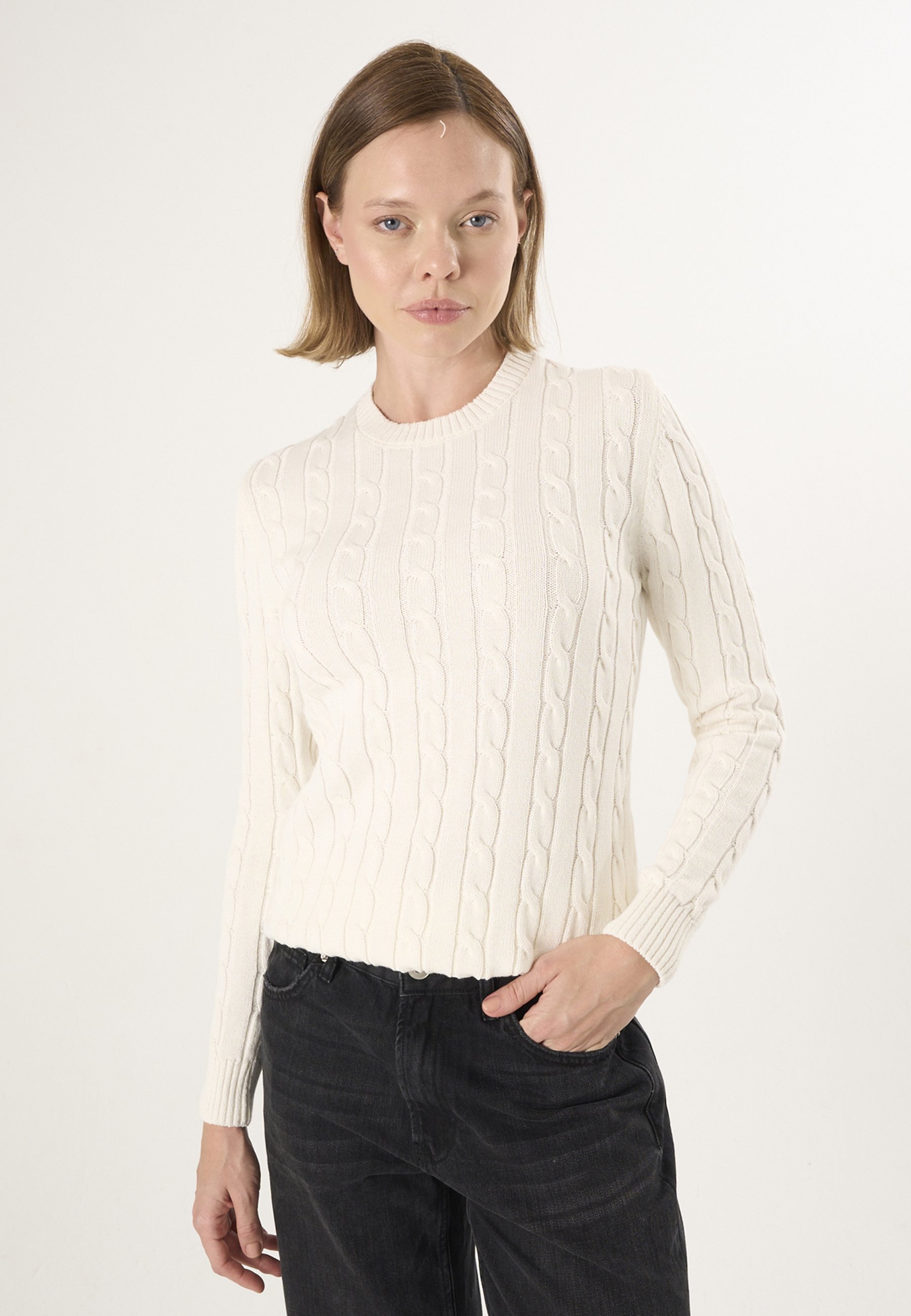Pullover Kabelstrick-Pullover Mit V-Ausschnitt