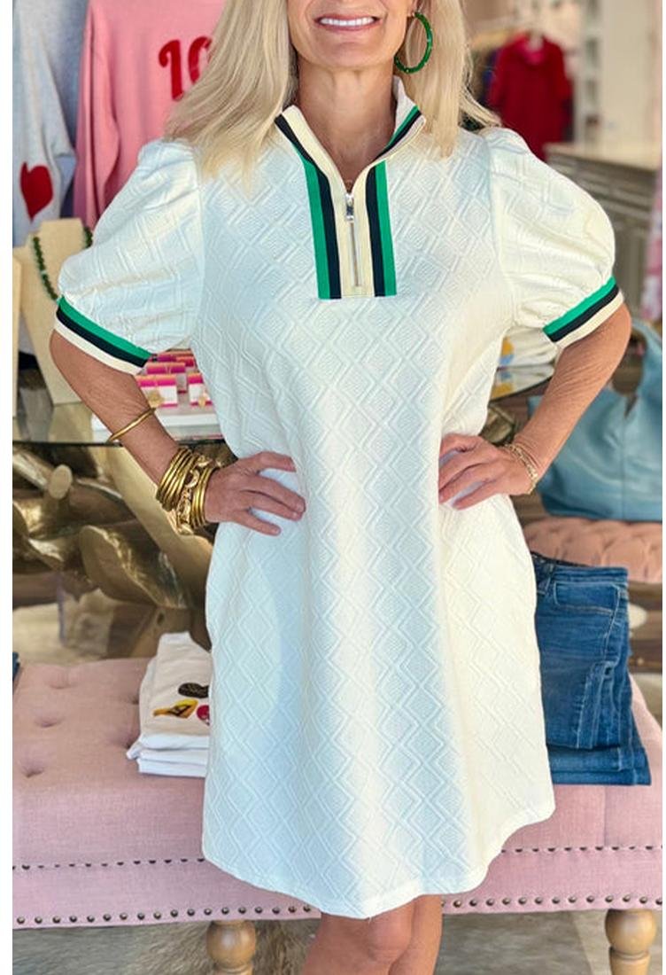 Thumbnail - Weißes strukturiertes Jacquard-Farbblock-Kanten Puffärmel Viertelreißverschluss Mini-Kleid
