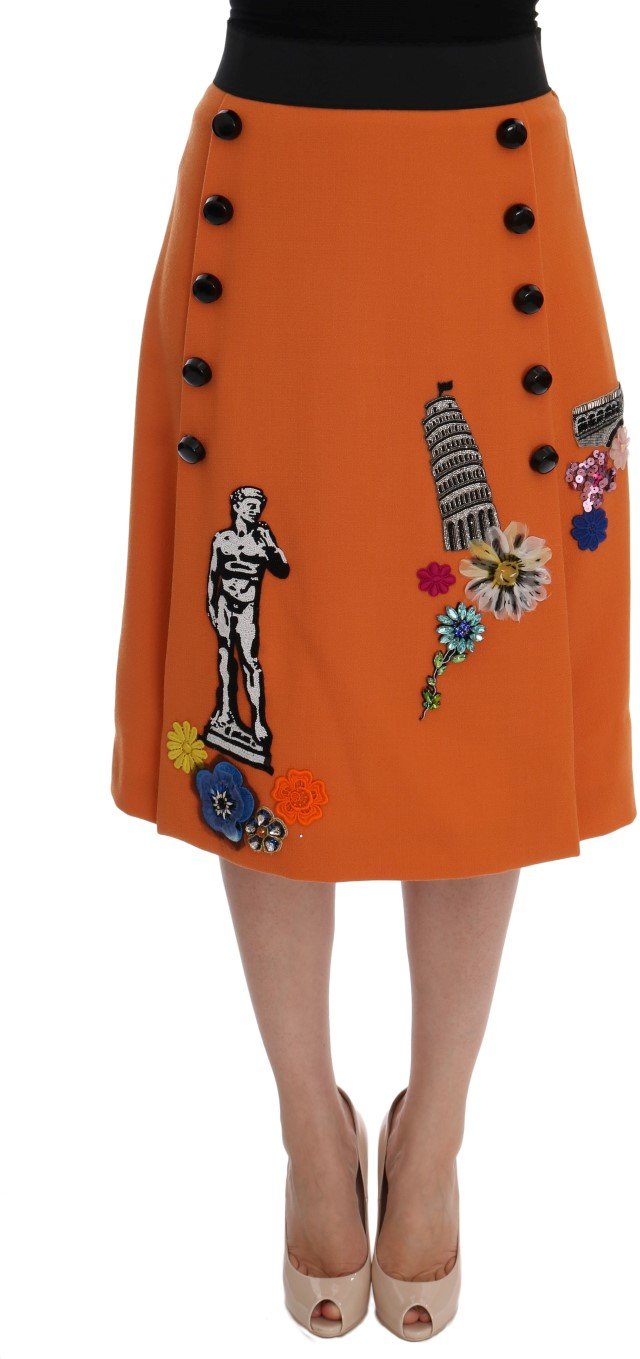 Dolce & Gabbana Orange Wollsatinrock mit Kristallpaillettenapplikationen