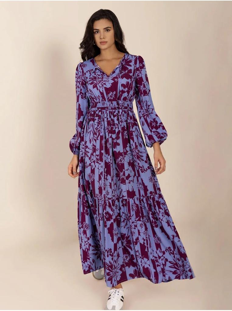 Maxikleid mit Druck, Schleifenkragen und Ballonärmeln für Damen