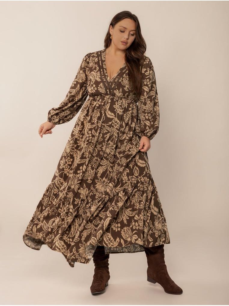 Thumbnail - Damen Plus-Size Bedrucktes V-Ausschnitt Ballonärmel Maxi-Kleid