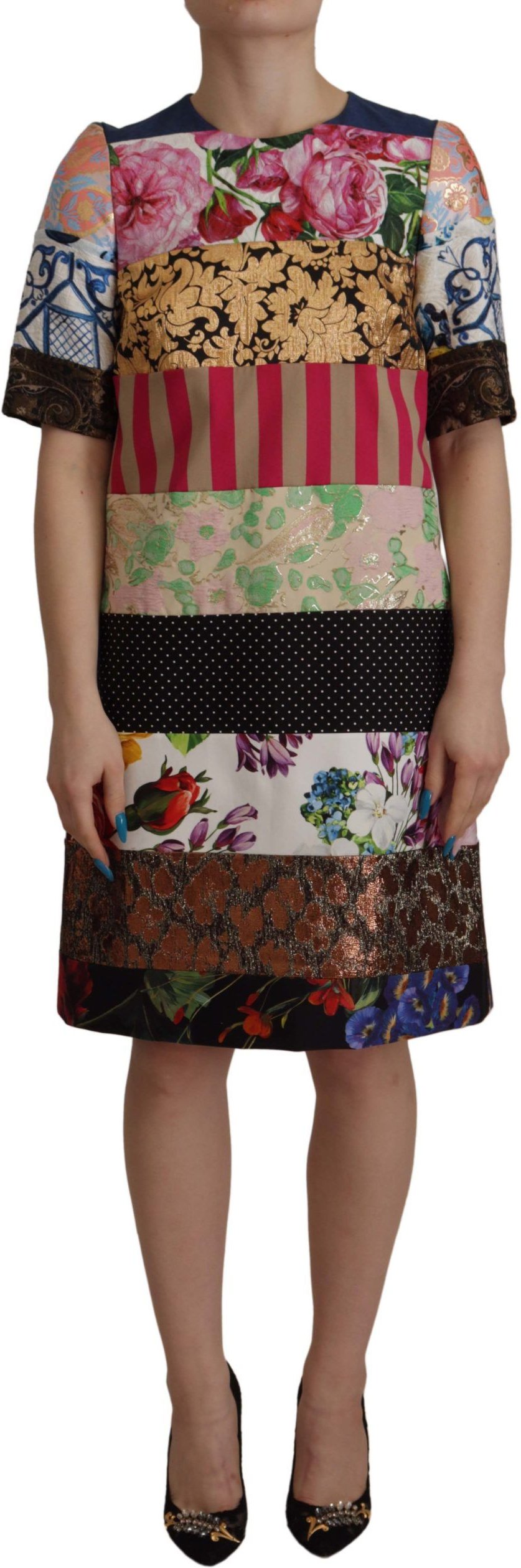 Dolce & Gabbana Multicolor Patschwork Floral Sheath Jacquard Mini-Kleid Damenkleid
