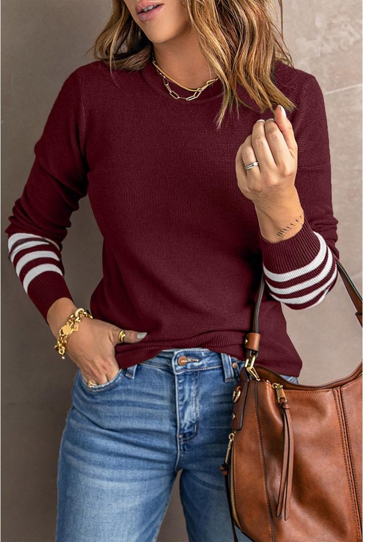 Thumbnail - Azura Exchange Roter gestreifter Ärmel Schlichter Strickpullover