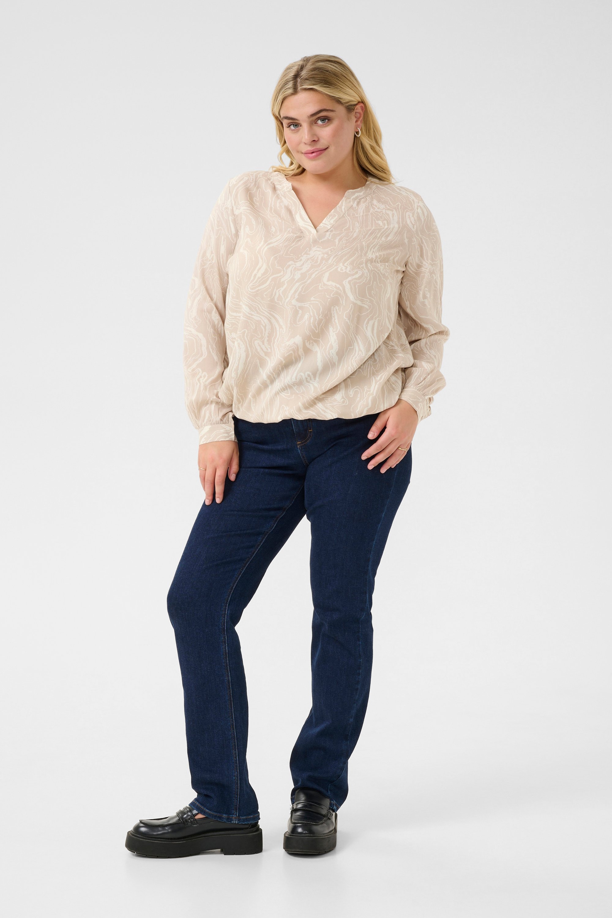 Thumbnail - Langarm-Bluse Regular fit Feather Gray,Chalk Print grey white