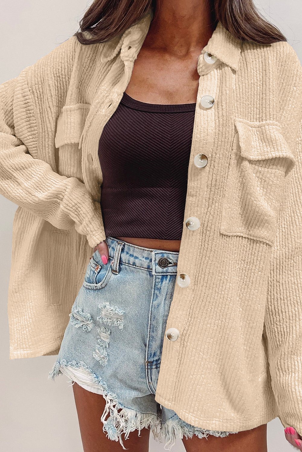 Thumbnail - Aprikosenfarbene einfarbige Corduroy-Button-up Langarmjacke