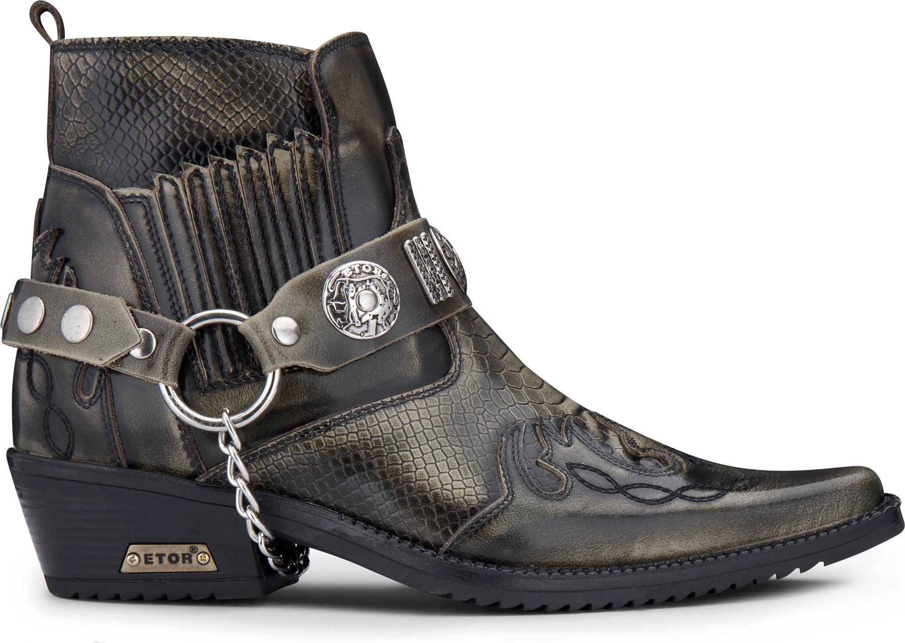 Olivgrüne Winklepicker-Cowboy-Leder-Stiefeletten für Herren aus Schlangenleder