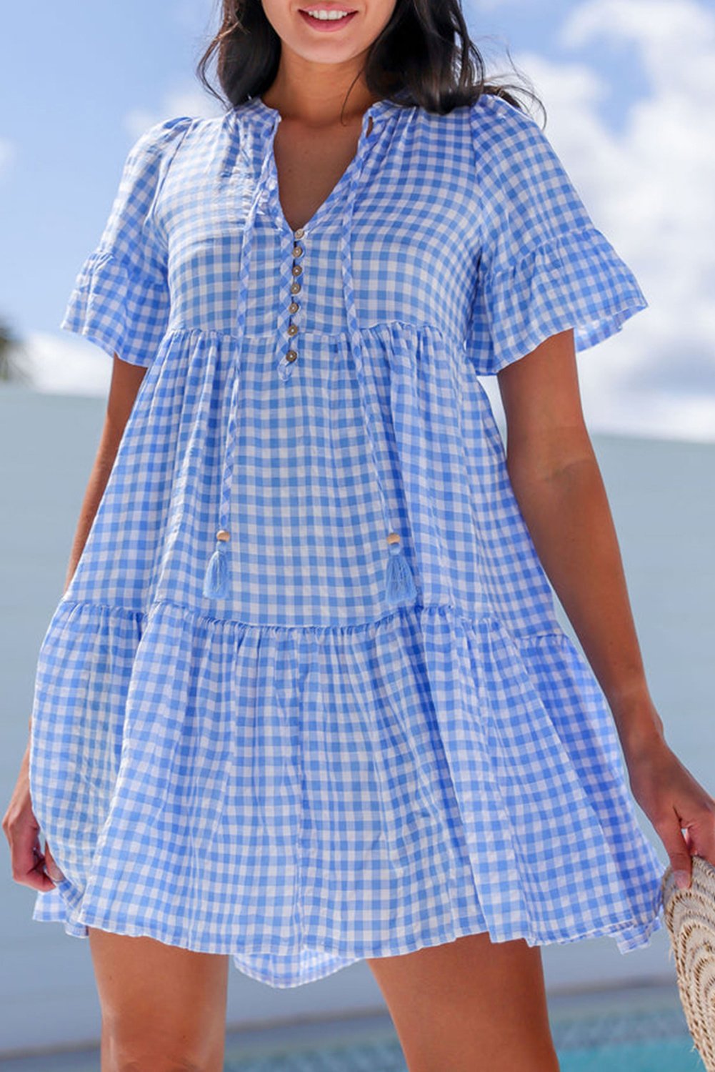 Gingham Mini-Kleid mit Quasten-Detail