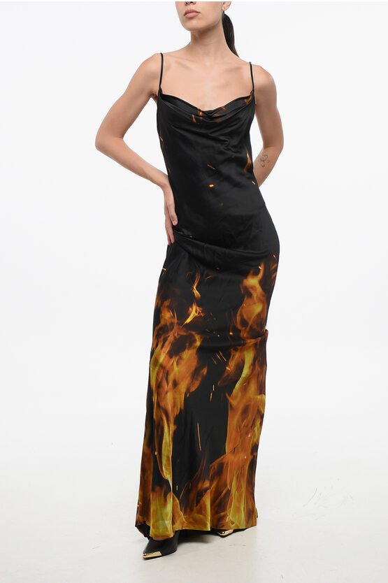 Langes Satinkleid mit Flammendruck in Arancio, Nero