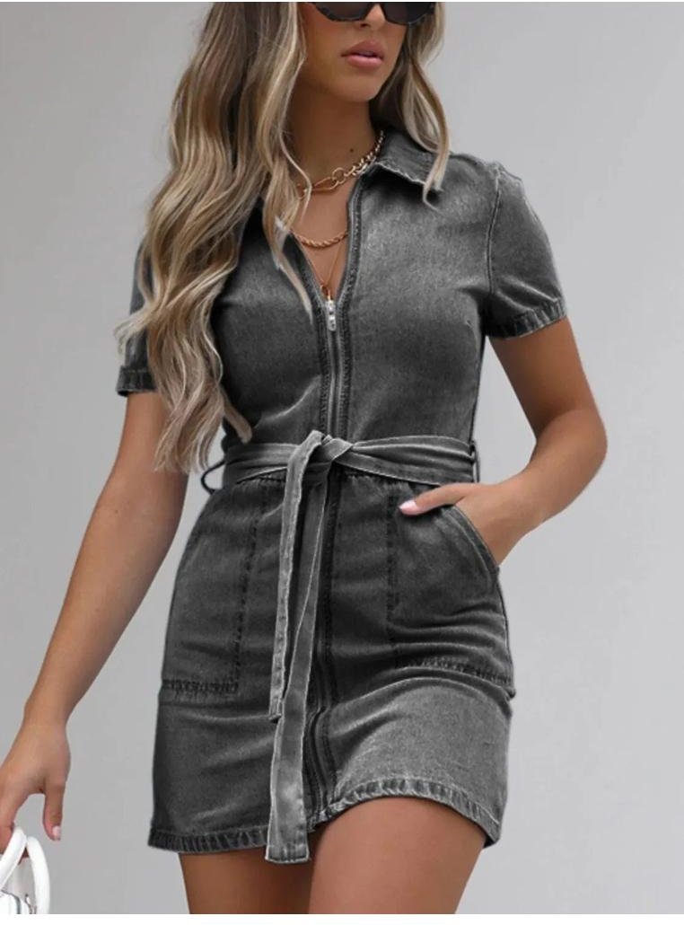 Damen Jeanskleid mit kurzem Arm und Reißverschluss vorn in Übergröße