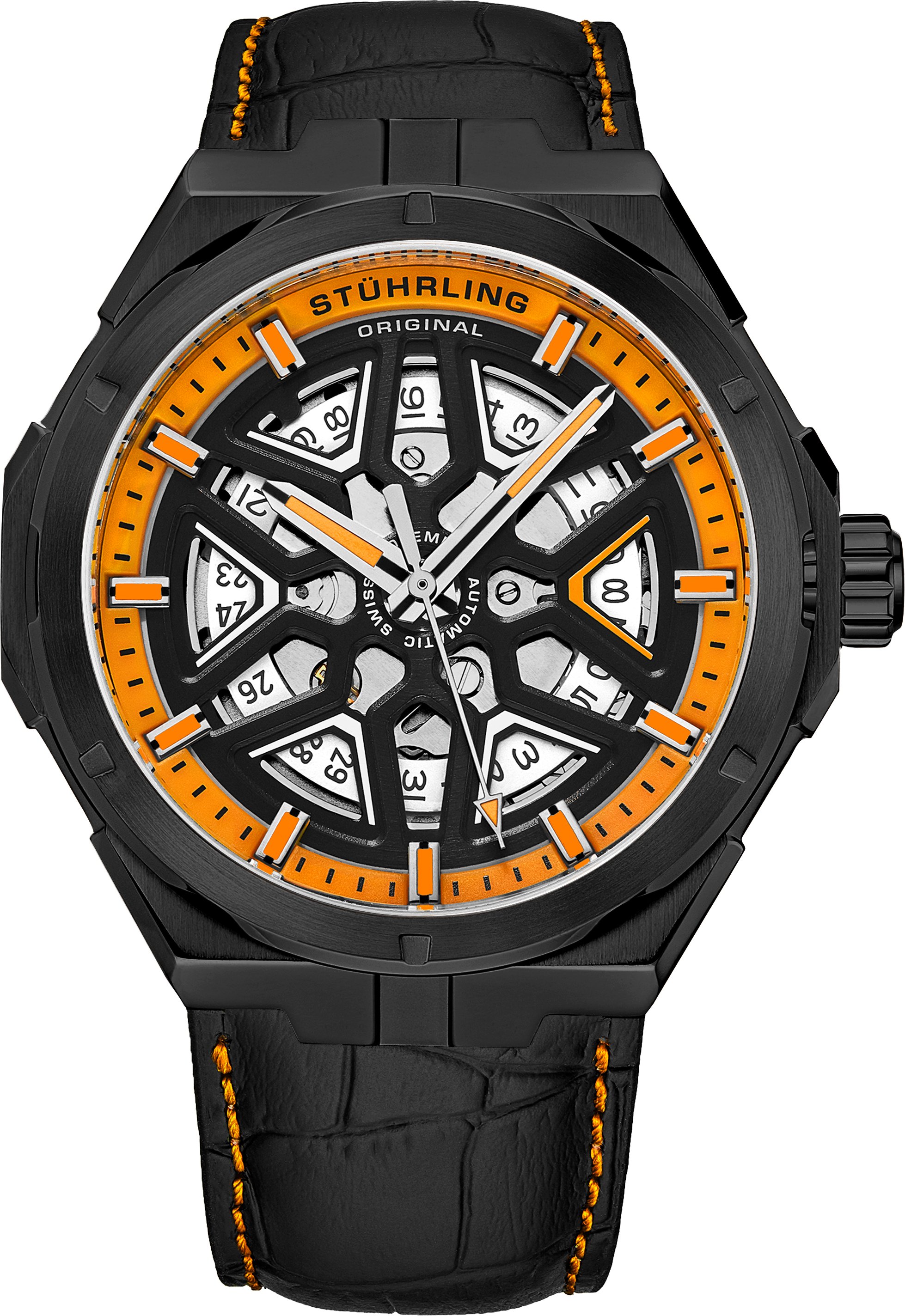 Schwarz und Orange Gio Schweizer Automatik 44mm Skeleton