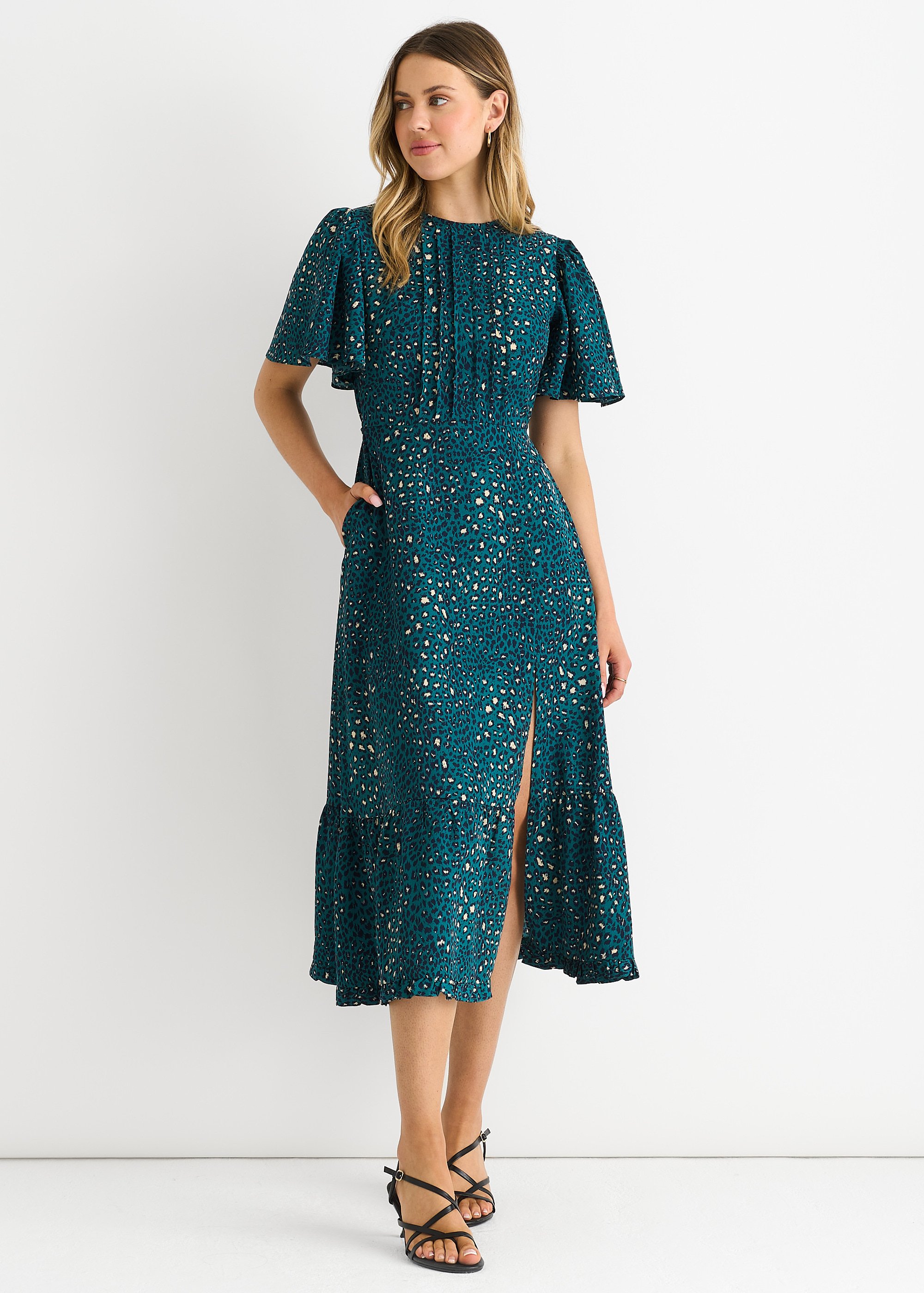 Grünes Smock-Kleid mit Tierprint, übergroß, gestuft, Midi-Länge