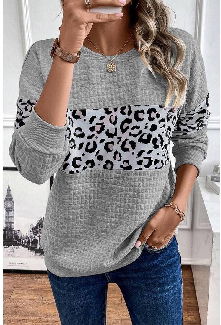 Thumbnail - Azura Exchange Grauer Leopard Gesteppter Patchwork Rundhals-Sweatshirt