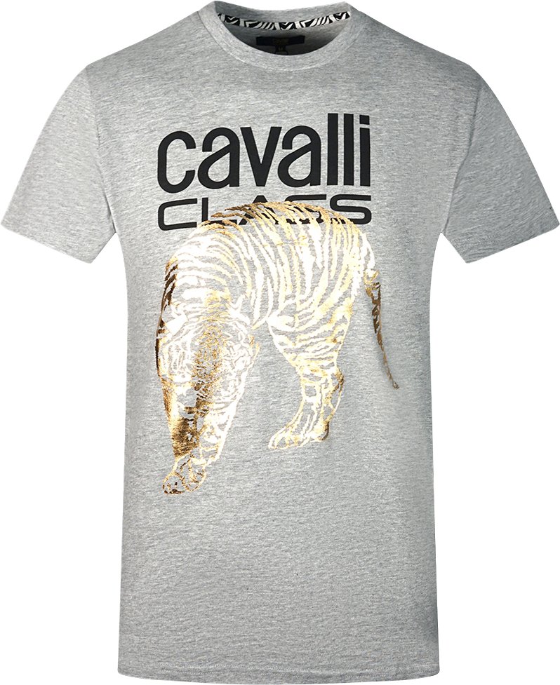 Thumbnail - Cavalli Class großes graues T-Shirt mit goldenem Tiger-Schablonenlogo