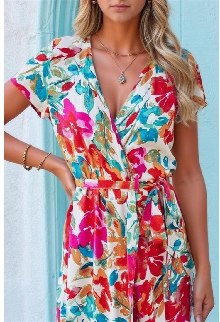 Damen Bedrucktes Wickelkleid mit kurzen Ärmeln und gebundenem Taillenzug