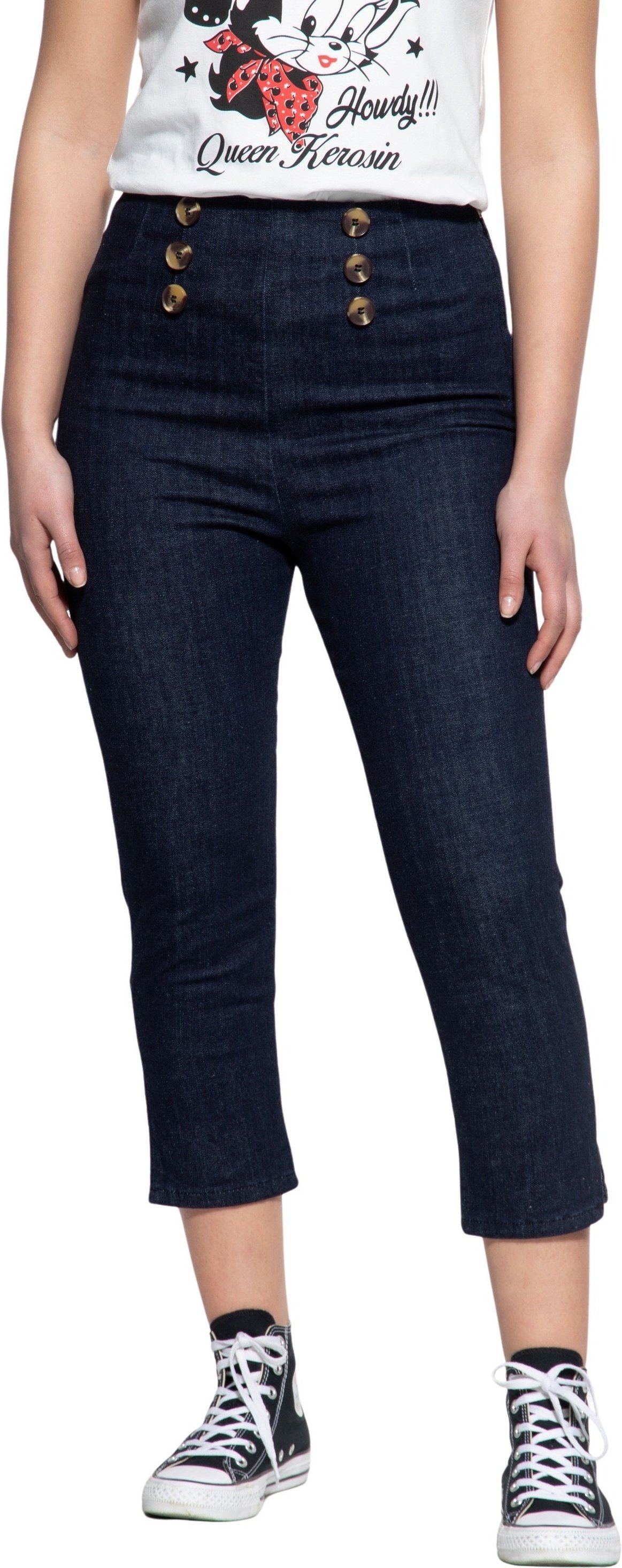 Thumbnail - Queen Kerosin Damen High Waist Capri Jeanshose dunkelblau