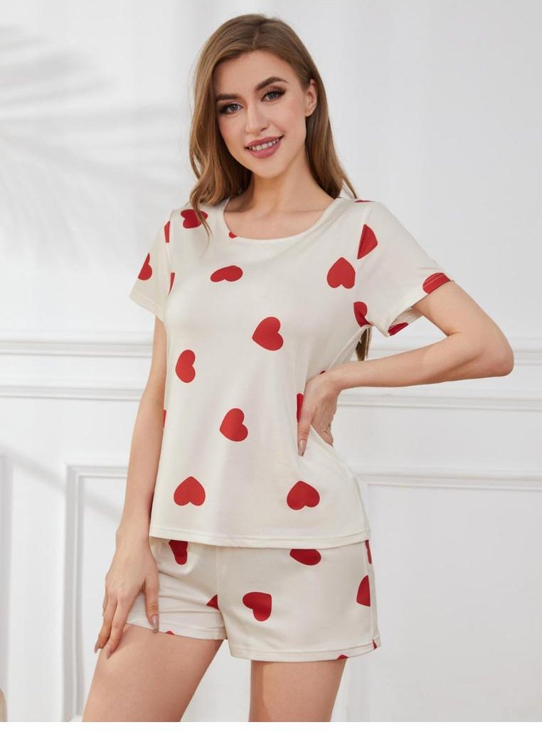 Damen Herz Rundhals-Top und Shorts Lounge-Set