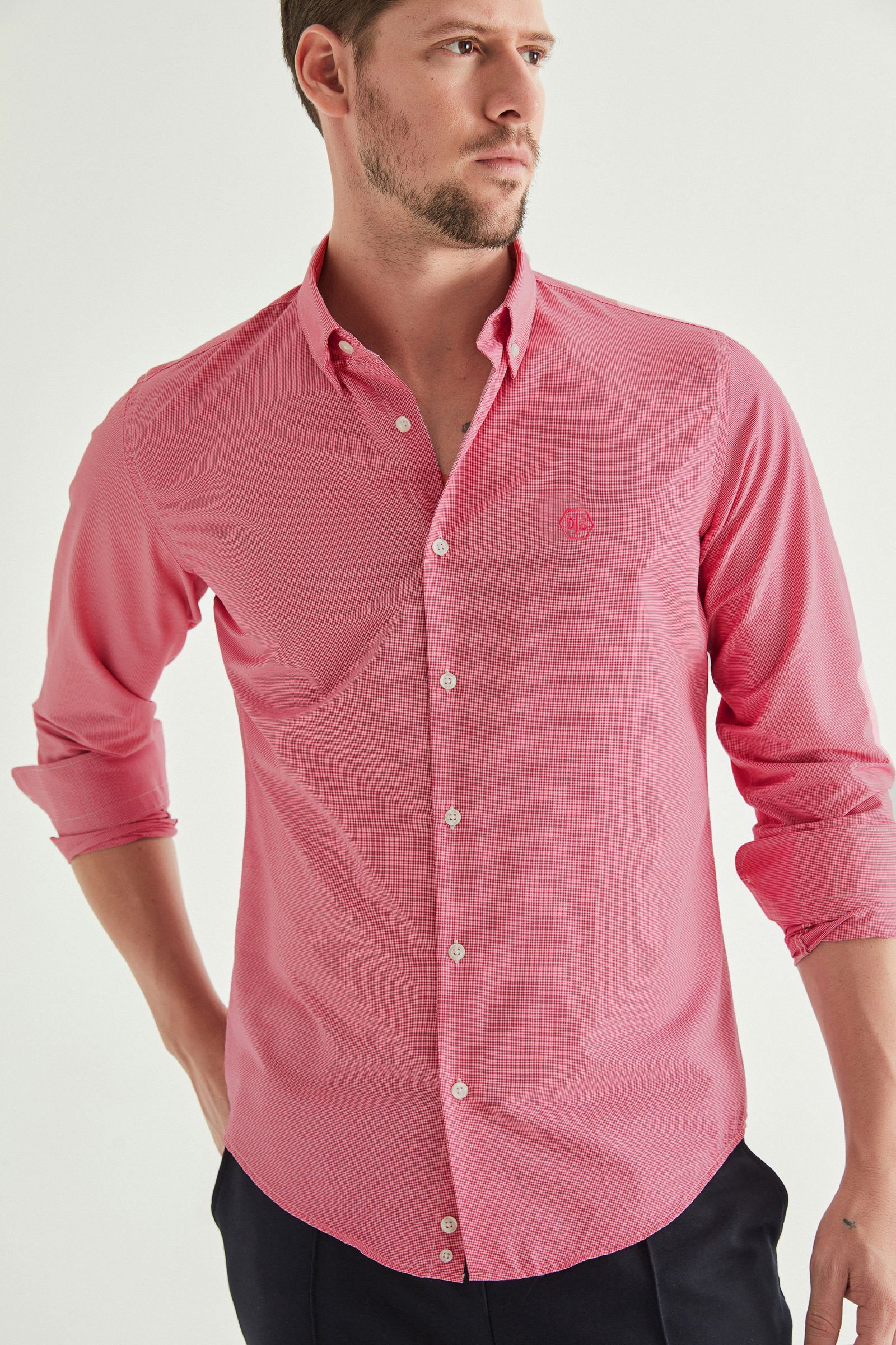 Ds Damat Slim Fit Fuchsia Karo Hemd