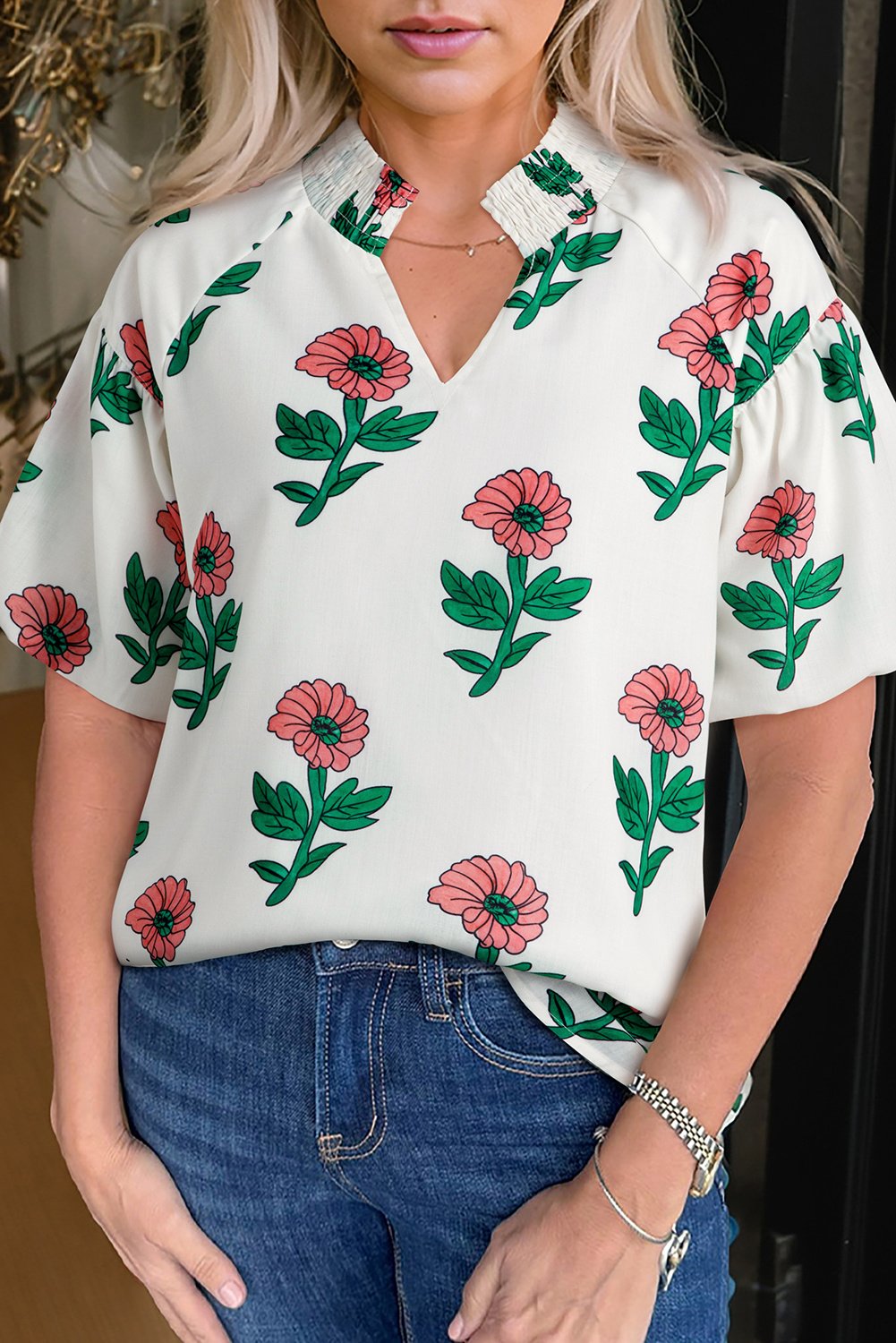 Blumen V-Ausschnitt Bluse