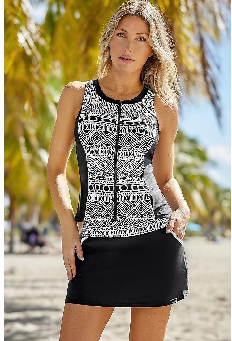 Damen Badeoberteil und Rock-Set mit geometrischem Druck und Farbblockdesign