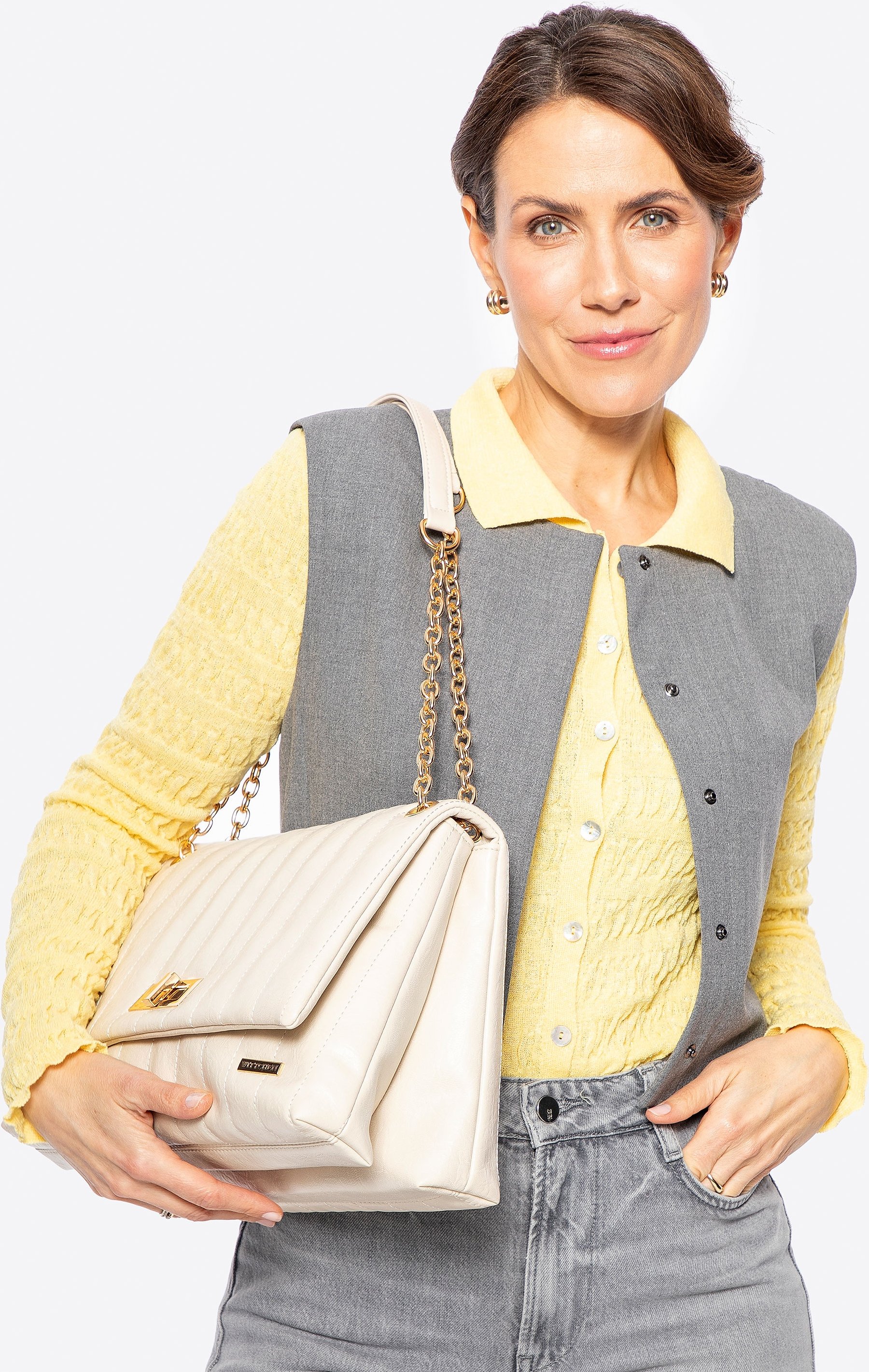 Wittchen Damen-Umhängetasche aus Öko-Leder, groß, zwei Fächer, cremefarben