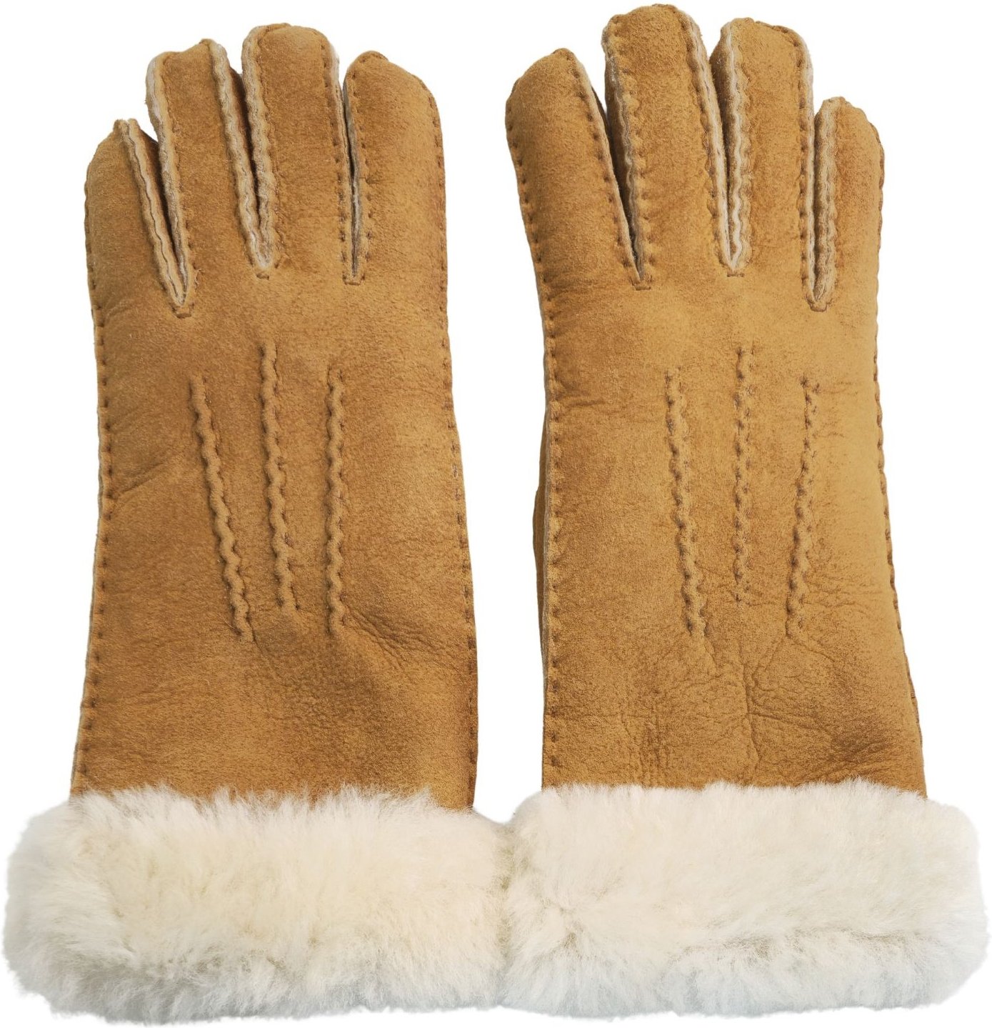 Damenhandschuhe aus echtem, hellbraunem Schaffell und Wildleder mit Pelzmanschette