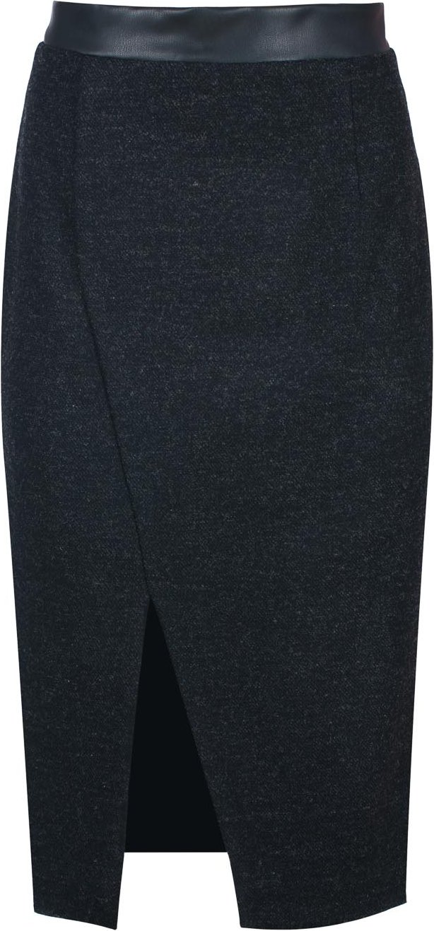Schwarzer Woll-Bleistiftrock mit Kunstlederbund – Frontschlitz