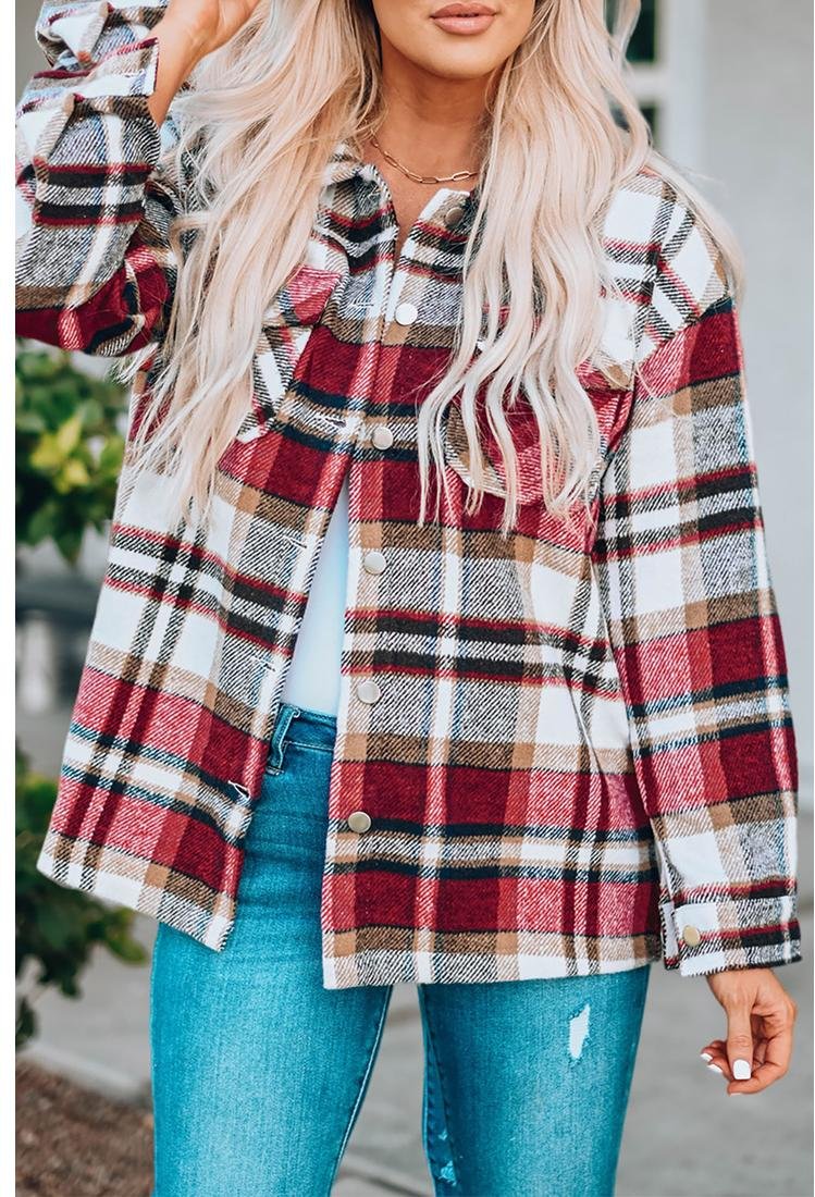 Thumbnail - Azura Exchange Damen Geometrisches Karo-Print Taschen-Shacket in Rot