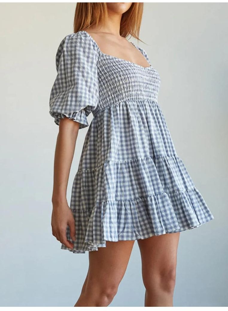 Damen Karierte Mini-Kleid mit Rüschensaum und halben Ärmeln
