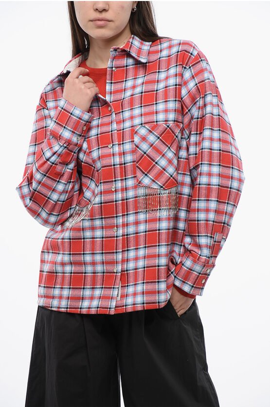 Kariertes Overshirt aus Baumwollmischung mit Fransendetails in Rot