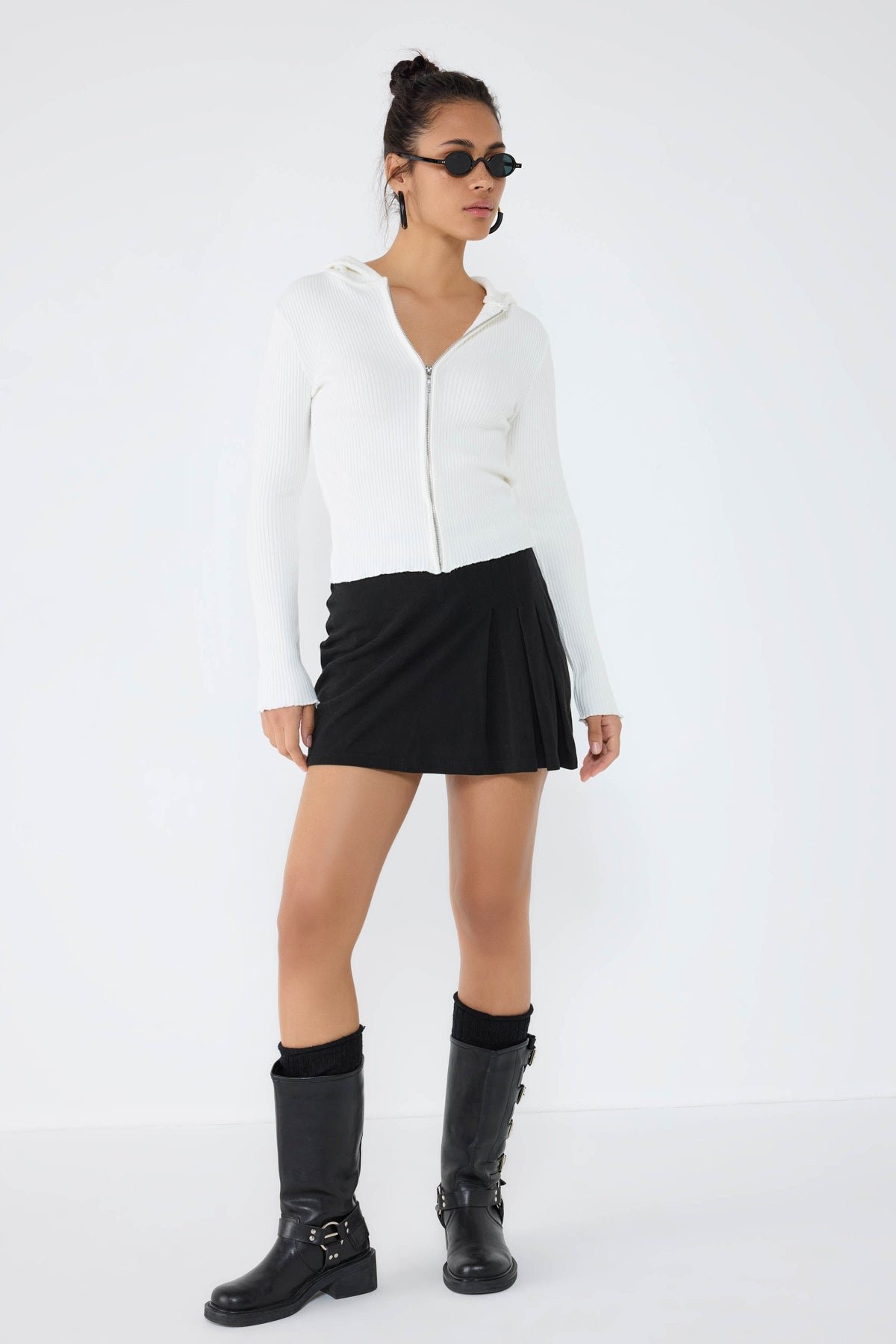 Ecru Kapuzen-Zip-Strickjacke