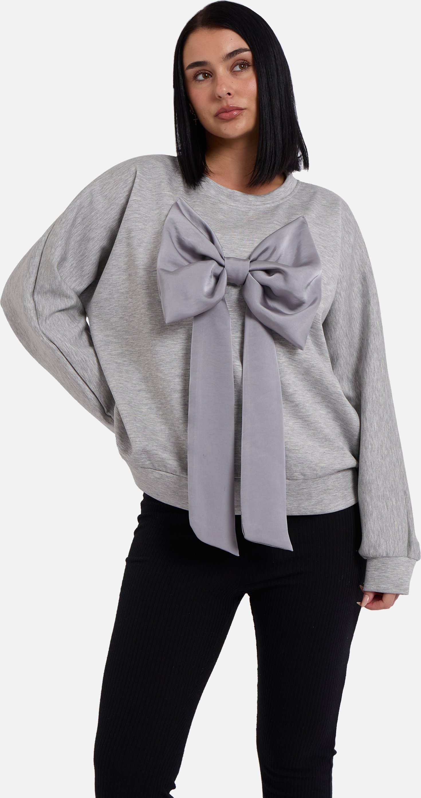 Graue Schleife vorne übergroßes Pullover-Top
