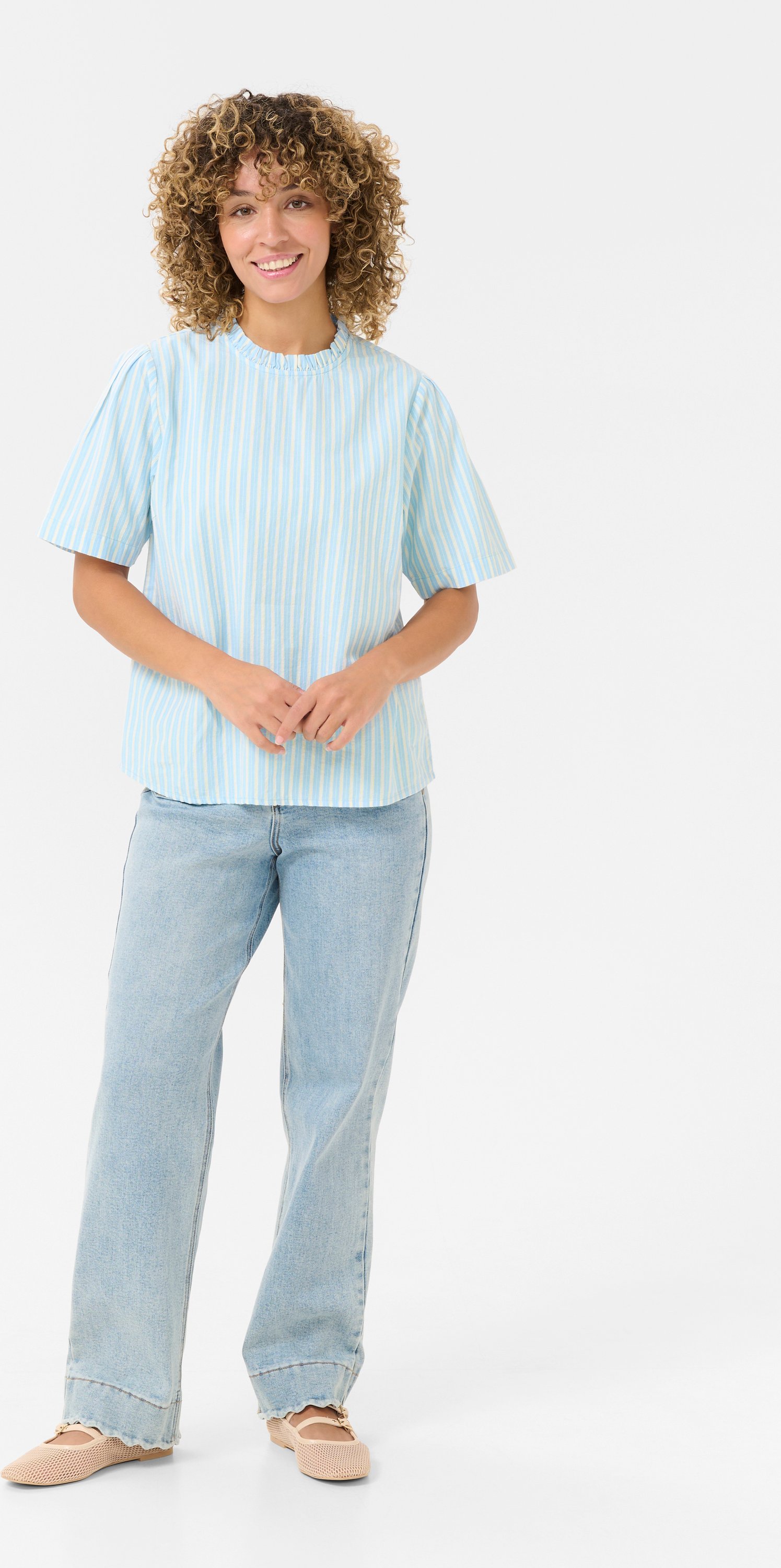 Kurzarm-Bluse Loose fit Clear Blue Stripe white