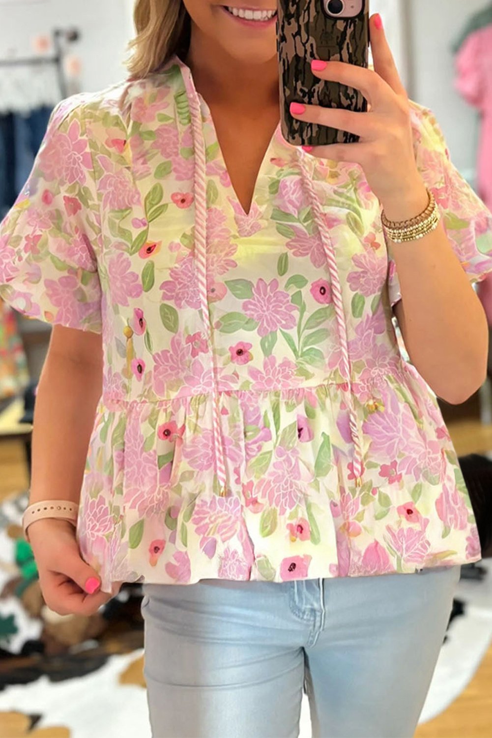 Bluse mit floralem Druck und Kordelzug