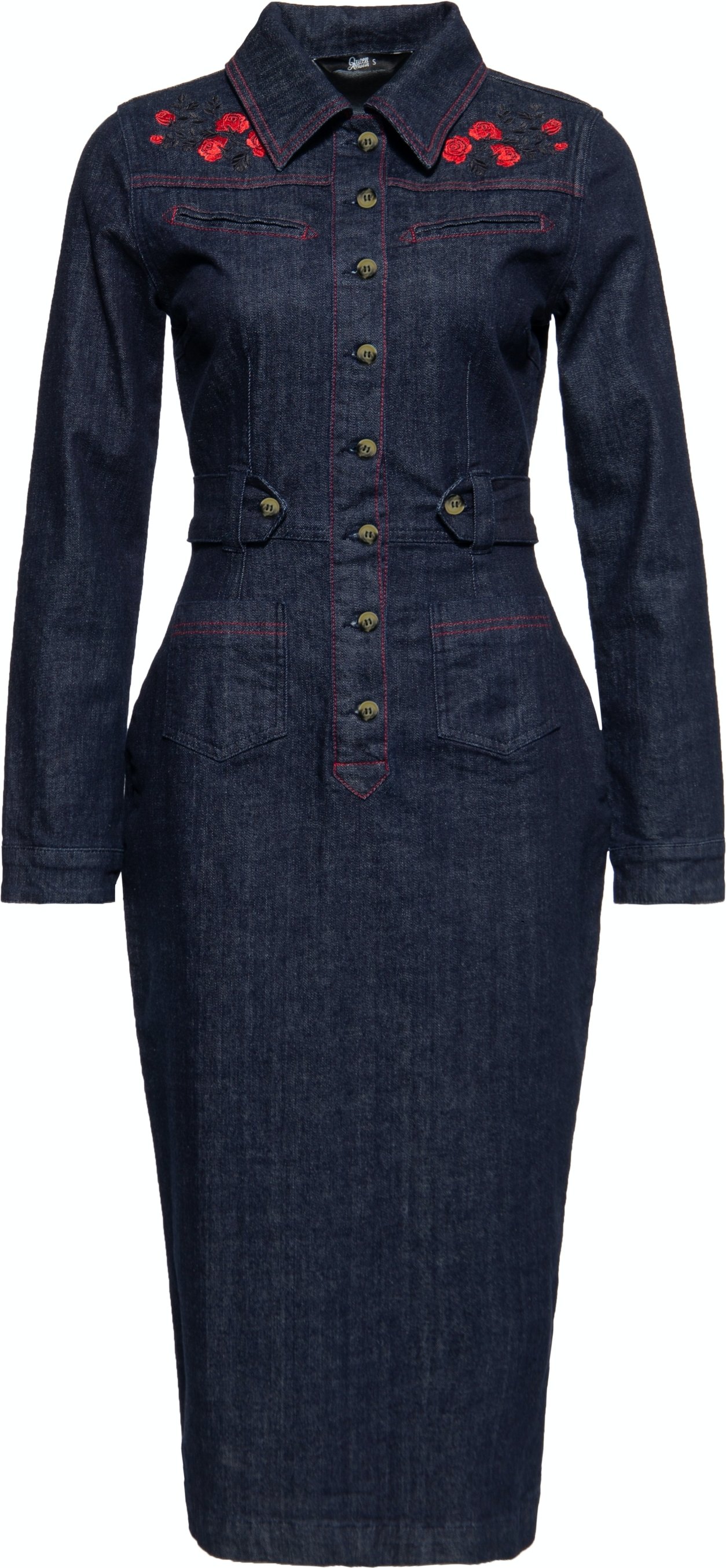 Queen Kerosin Damen Western Pencil Kleid Roses Denim
