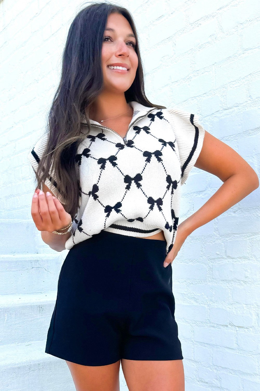 Thumbnail - Schwarzes Preppy Vibes Bogenmuster Zip-Kragen Sweatshirt-Shirt