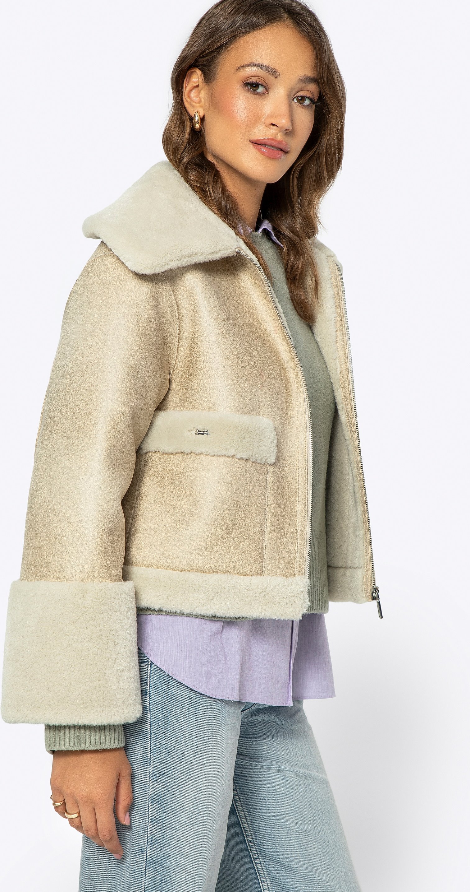 Wittchen Damen-Kurzjacke mit Kunstpelz, Hellbeige, Kunstleder