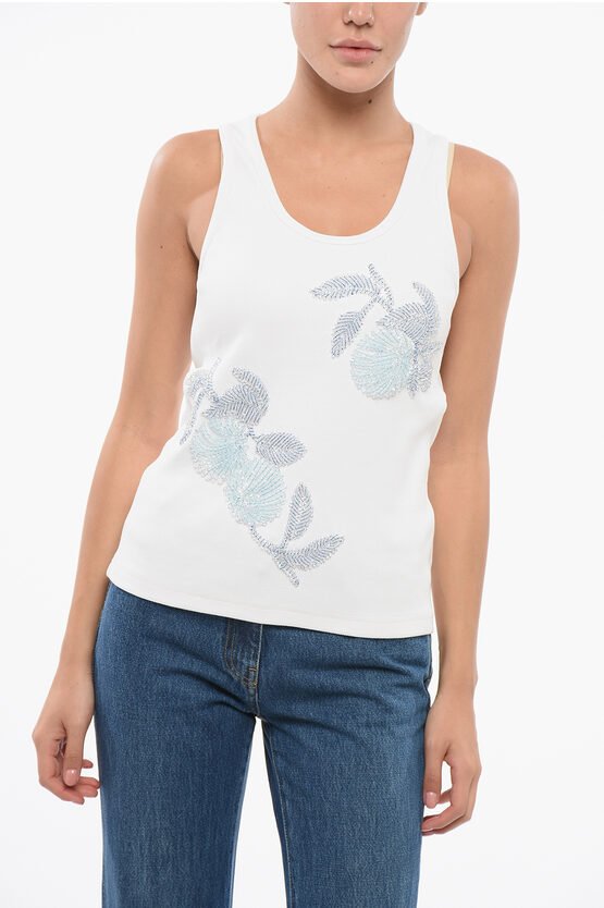 Geripptes Baumwoll-Tanktop mit Perlenstickerei in Weiß