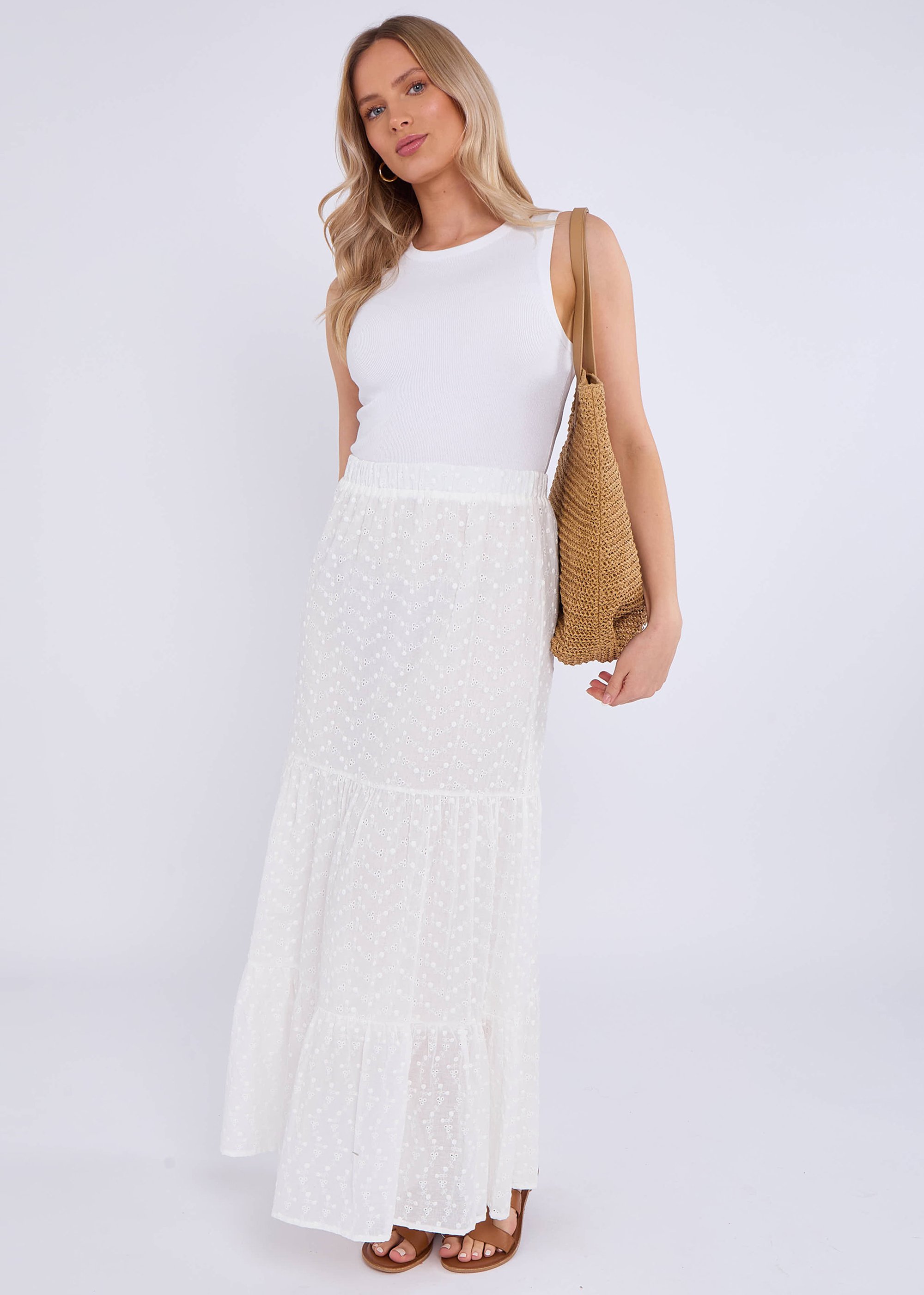 Weißer Broderie-Skater-Maxirock aus Baumwolle