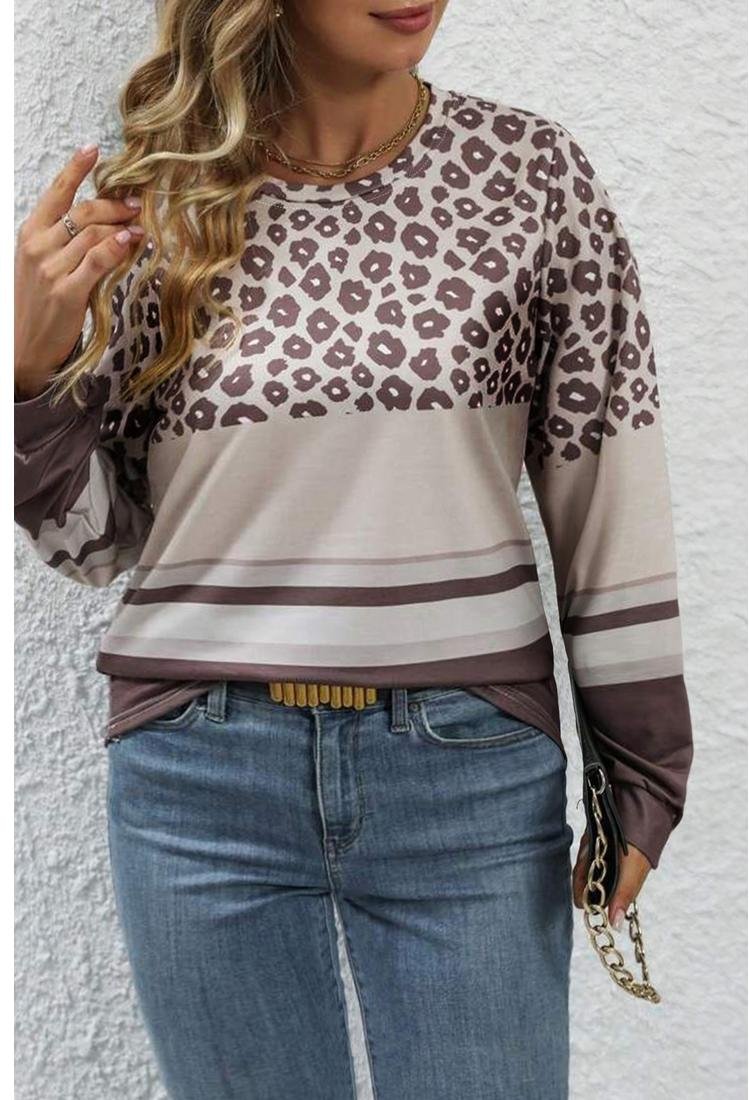 Azura Exchange Damen Leopardenmuster gestreifter Langarm Pullover Sweatshirt