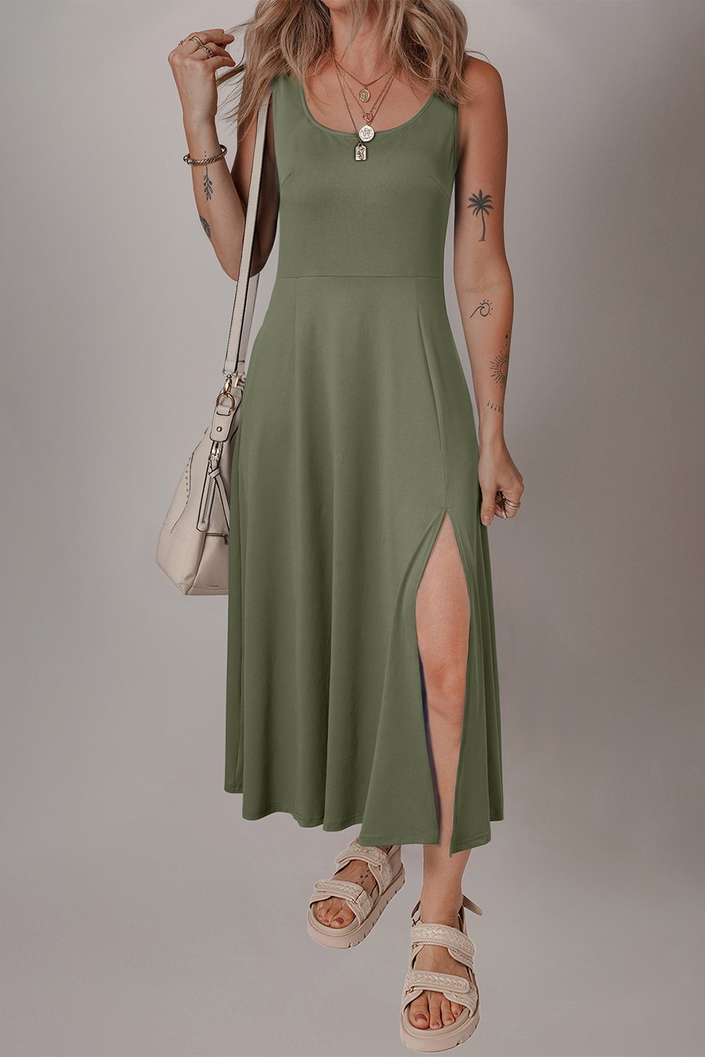 Thumbnail - Kleeblatt Ärmelloses Scoop-Neck Ausgestelltes Gespaltenes Midi-Kleid