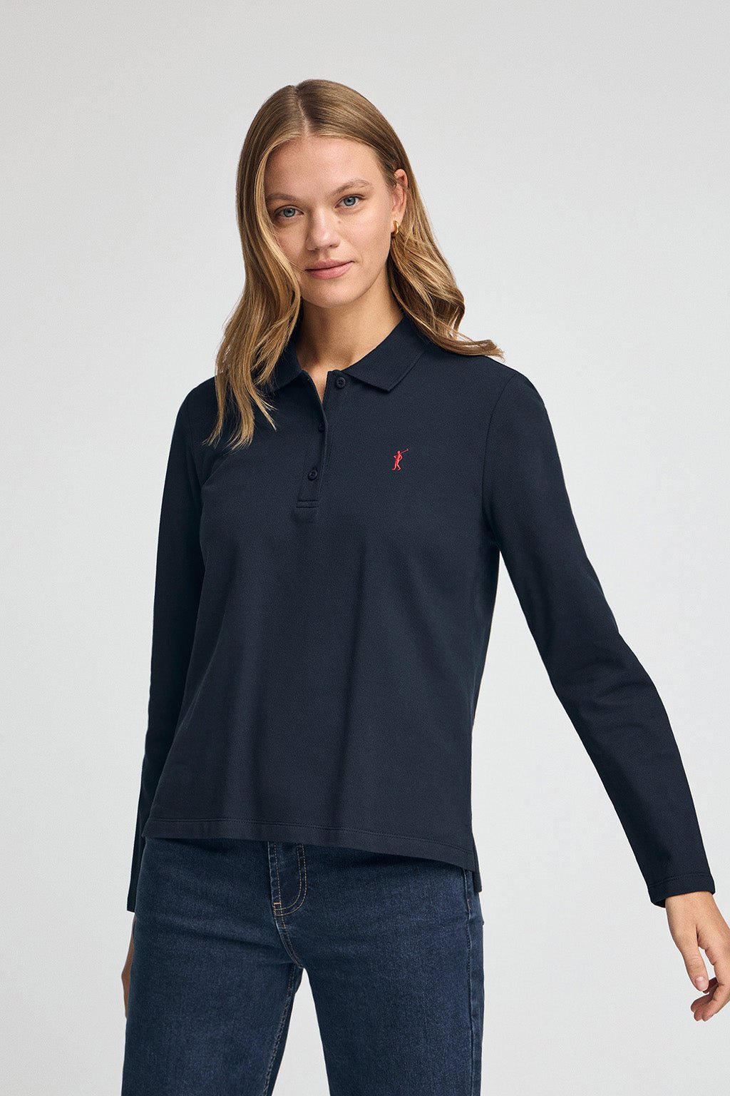 Poloshirt dunkelblau mit langen Ärmeln, Drei-Knopf-Kragen und gesticktem Rigby Go-Logo