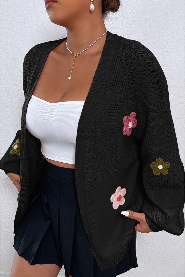 Thumbnail - Cardigan mit Blumenapplikationen und uberschnittenen Schultern und offener Vorderseite