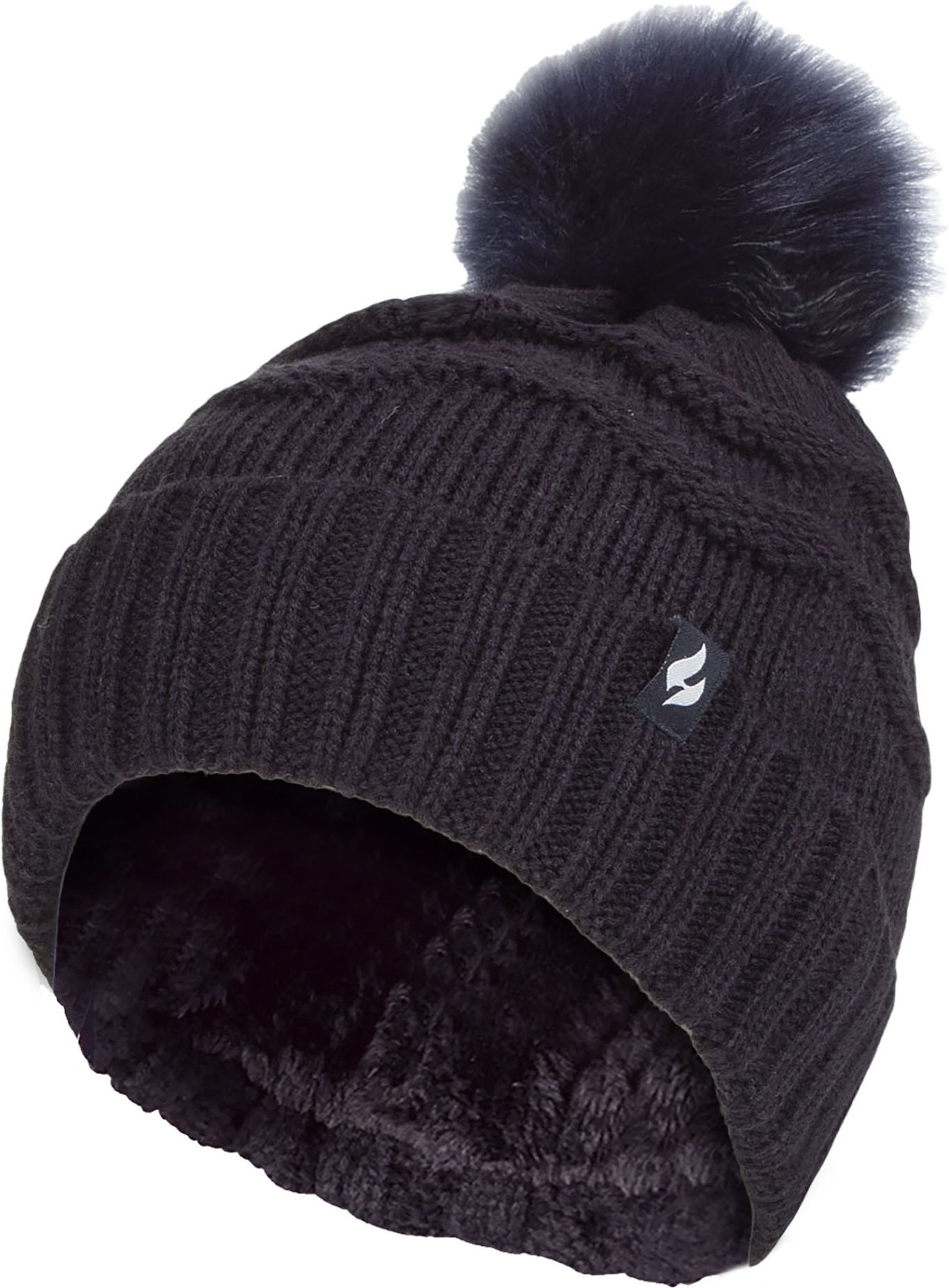 Damen Winter Pelz Beanie Mütze | Wärmehalter | Zickzack gemusterten Pom Pom Hut | Damen Thermal Cuff Bobble Hat - Navy