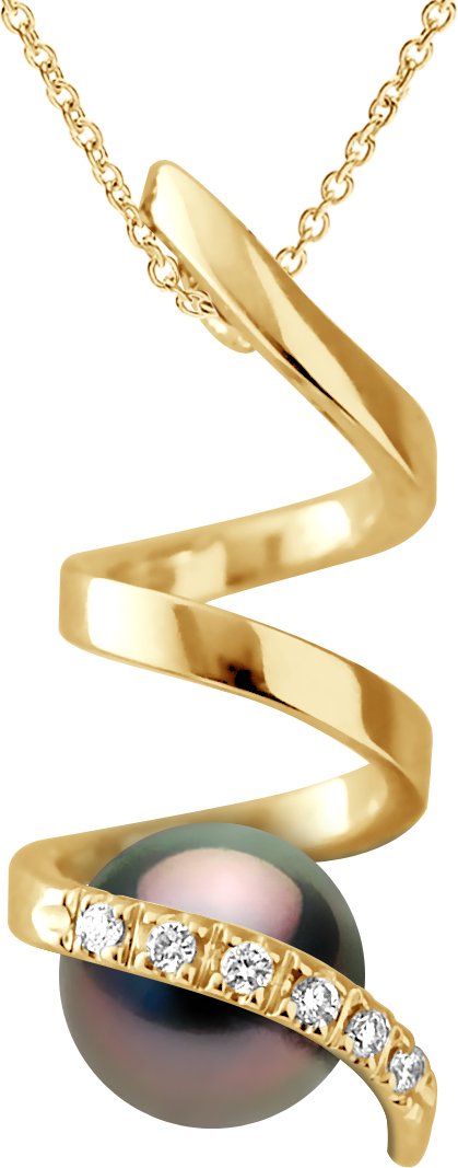 Anhänger Spiraldiamanten 0,06 cts – Qualität HSI – Gelbgold – echte Tahiti-Zuchtperle rund 7–8 mm