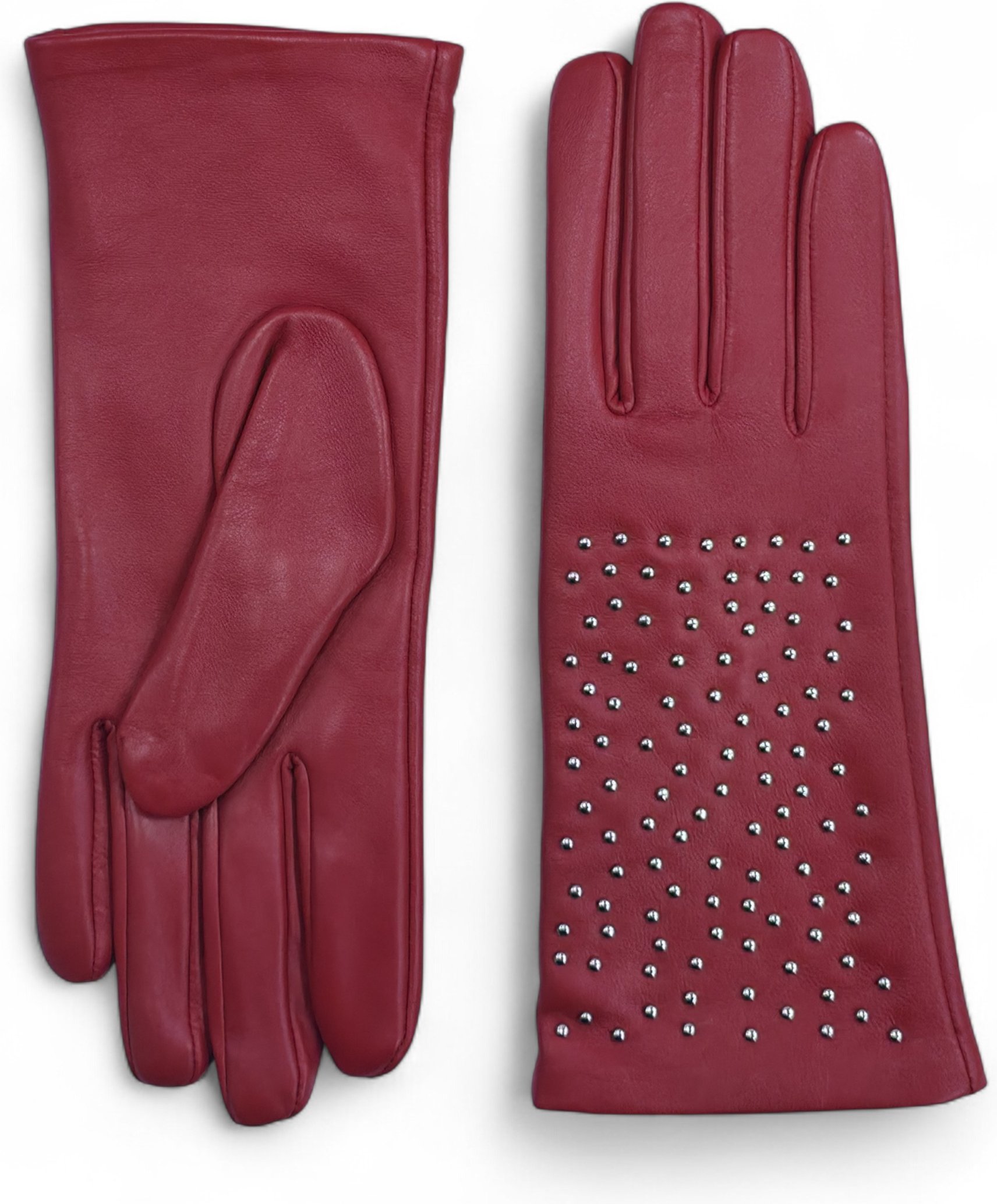 Rote italienische Leder-Fahrhandschuhe für Damen mit weichem Wollfutter, Winterdesign und Nietenbesatz