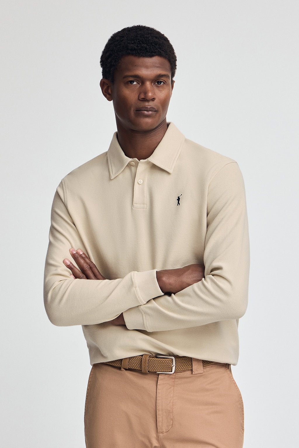 Thumbnail - Poloshirt beige mit Mikrostruktur und gesticktem Rigby Go-Logo