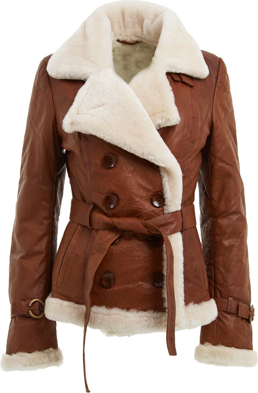 Thumbnail - Hellbraune zweireihige Fliegerjacke aus Schaffell für Damen – Leshan